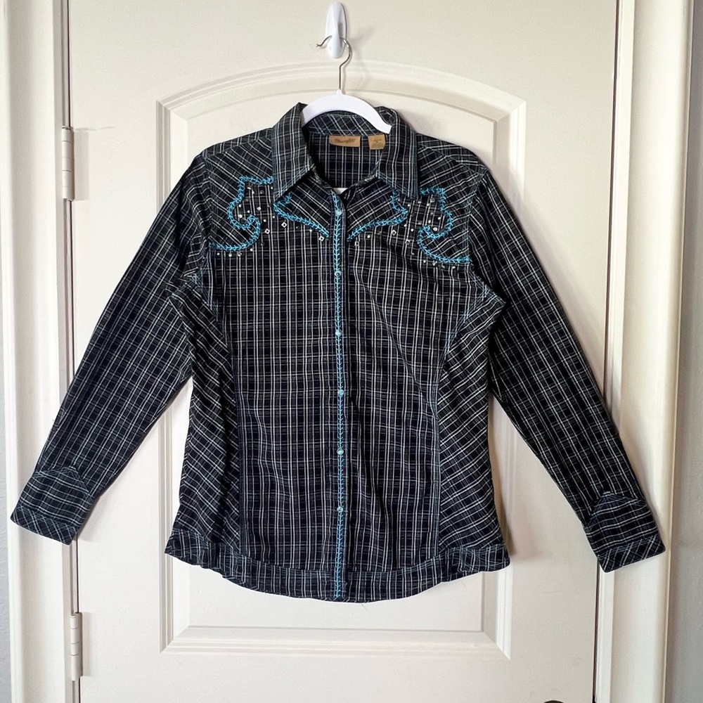 Wrangler Western Pearl Snap Shirt M Plaid Embroidered Rhinestone Cowgirl Top
